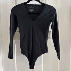EVERLANE Supima Cotton Black Long Sleeve‎ V Neck Thong Bodysuit Women's Size XS
